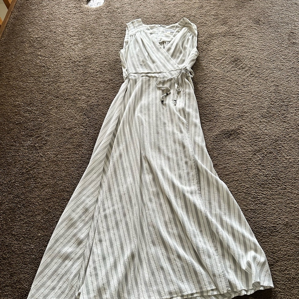 Calvin Klein Ivory and Light Gray Striped Wrap Maxi Dress